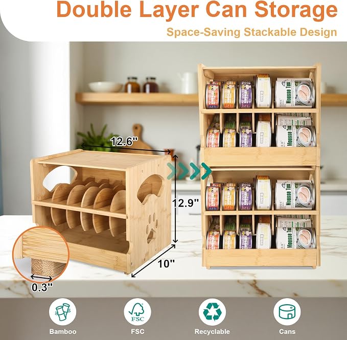 Bamboo Cat Food Can Organizer. Upgraded 2-tier stackable design Holds 42 (3oz) cans. Perfect for pantry/kitchen Durable & space-saving pet food storage rack (Small)