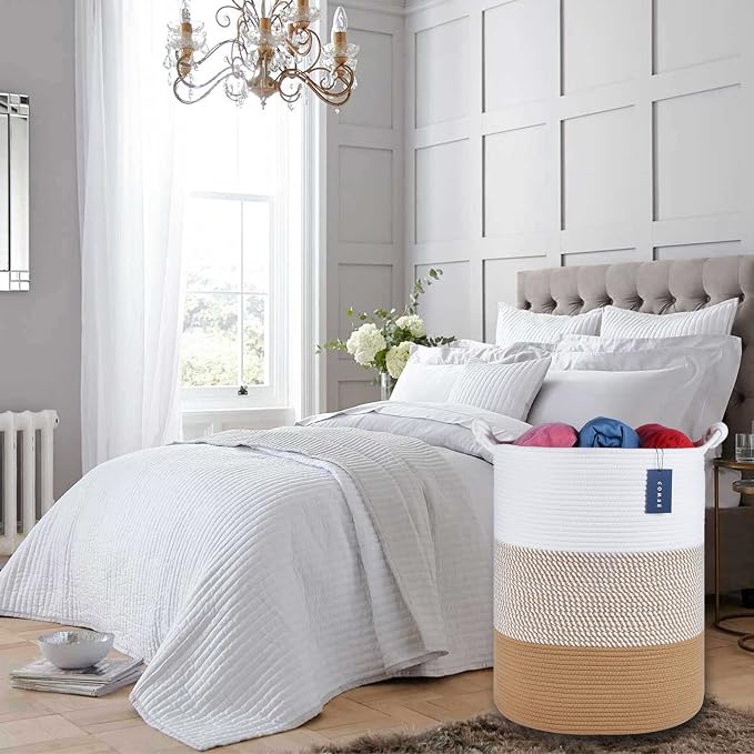 COMSE Tall Woven Blanket & Laundry Basket, 72L, White & Camel Mix | 15.7”x 21.7”, Cotton Rope, Large Nursery Hamper for Storage of Toys Clothes Towels, Great for Living Rooms Bedrooms Bathrooms