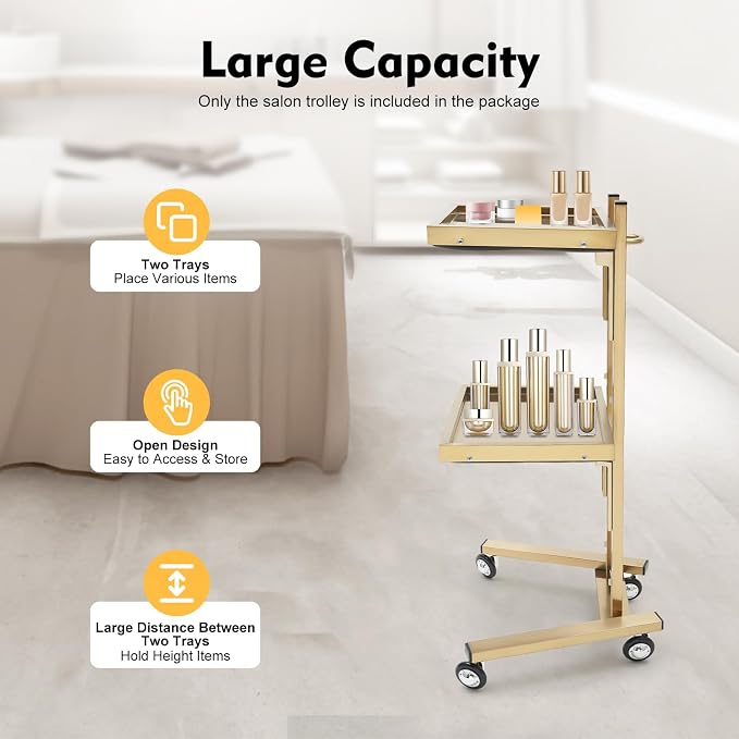2 Tiers Salon Tray on Wheels for Beauty Salons and Pet Shops Gold | Stainless Steel, H-Shaped Base, Foldable Trays for Easy Storage, Rounded Edges for Safe Handling, Circular Handle for Lifting