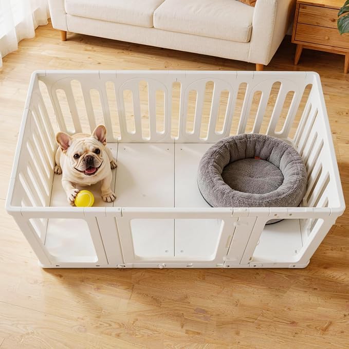 Mobile Acrylic Dog Playpen Indoor with Bottom Panels for Puppies, 8 Panels | Puppy Play Pen with DIY Easy Assemble, Moveable Pet Fence for Small Dogs (24''Tall, 4 Bottom Panels + 8 Wheels)
