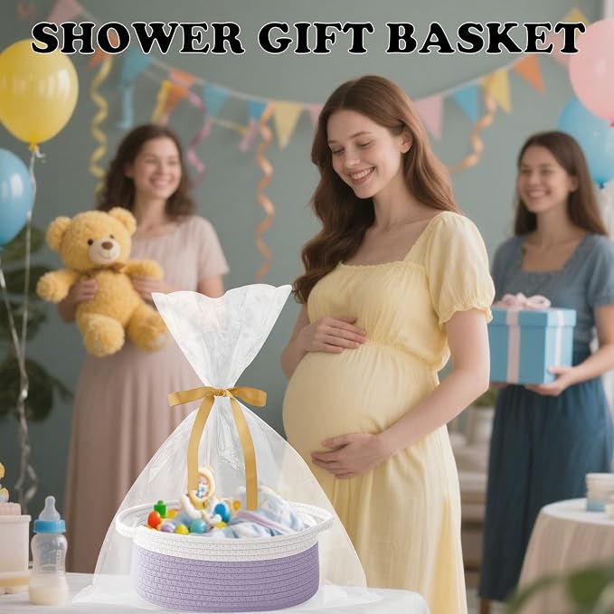 Woven Rope Basket-Baby Gift Basket with Bag & Ribbon, White&Purple | Cotton rope with handle, 12 x 8 x 5 in, gift bag and ribbon, for baby shower, birthday, toy storage, nursery, shelf decor