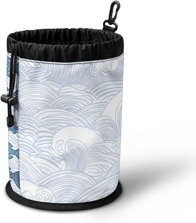 Drawstring Peg Bag Organizer, Blue Wave Pattern Clothespin Storage Pouch with Hanging Button, Portable Laundry Clips Holder for Drying Rack, Camping, Travel & Home