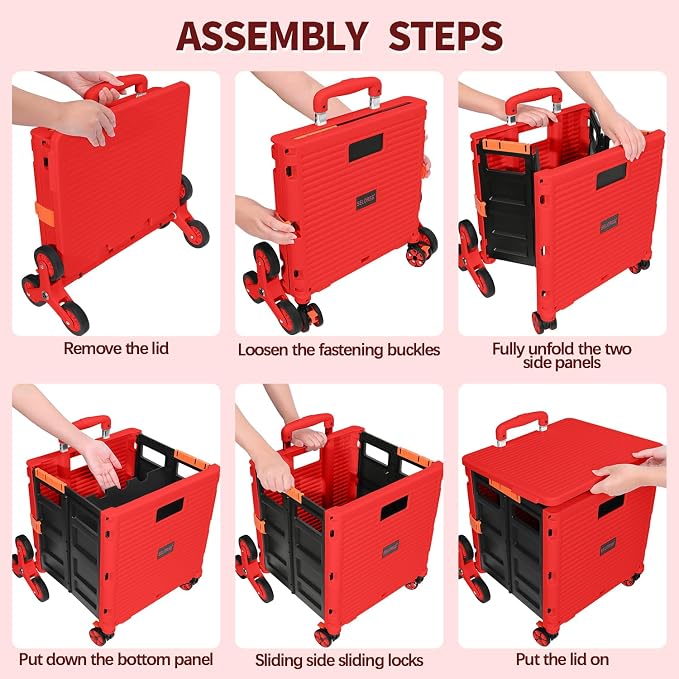 Foldable Utility Cart Collapsible Crate Rolling Carts with Stair Climbing Wheels Rolling Tote Basket Teacher Cart with Lid Wear-Resistant 360°Rotate Wheel Noiseless for Shopping Grocery Office