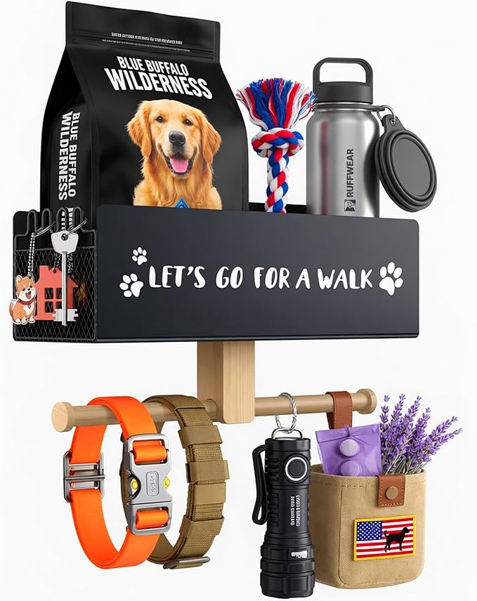 Dog Leash Holder for Wall with Basket, Key Holder, Entryway Pet Organizer | Holds 22 lbs for both dogs and cats homes. Stores leashes, collars, treats. Adhesive or screw mount fits rentals and homes