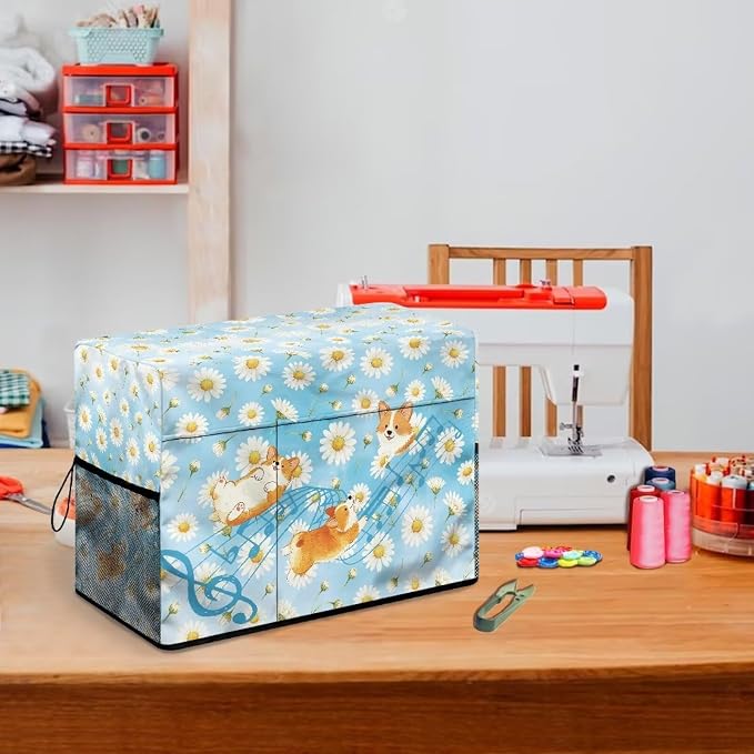 Sewing Machine Cover with Storage Pockets,Corgi Daisy Music Print | Dust & Pet Hair Protection,Fits Standard Singer, Brother and Janome Machines, Protecting & Decorating Your Sewing Space