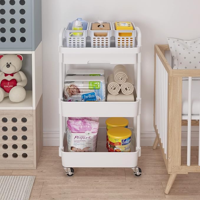 Calmootey 3-Tier Utility Cart with Drawer & Wheels, Storage for Home,Office | Space-Saving Organizer, Sturdy Plastic Shelves, Smooth-Rolling Metal Wheels, Built-in Drawer for Small Items, White