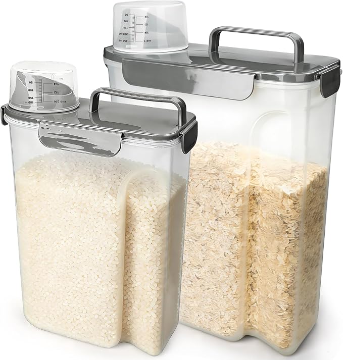 Rice Storage Containers, Airtight Cereal Containers Storage, BPA Free Rice dispenser for Flour, Pasta, Grain and Baking, Pet Dog Cat Bird Food Container 20lb+ 10lb Grey