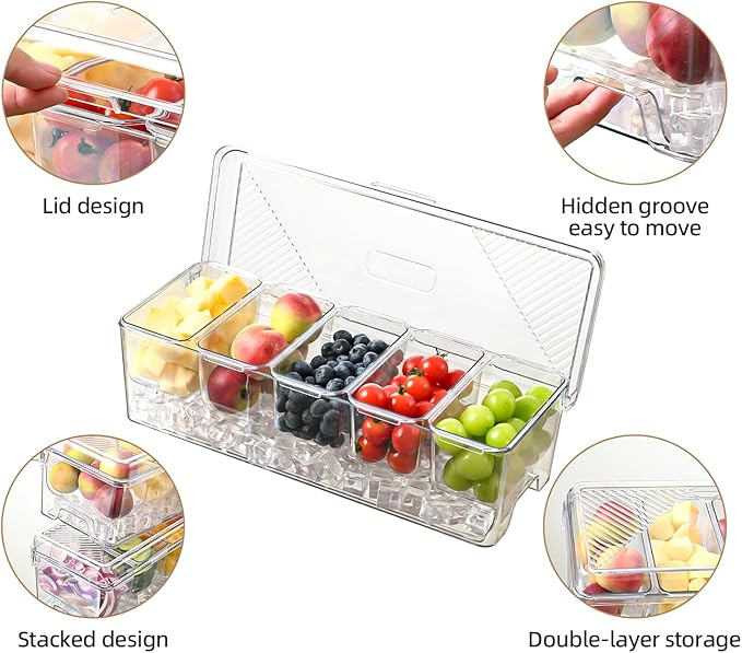 Large Chilled Condiment Caddy,Stackable Chilled Condiment Containers Server with Lids for 5 Removable Compartments (5 Containers, 2 pack)