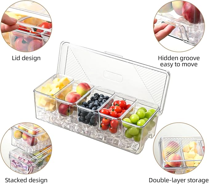 Large Chilled Condiment Caddy,Stackable Chilled Condiment Containers Server with Lids for 5 Removable Compartments (5 Containers, 1 pack)