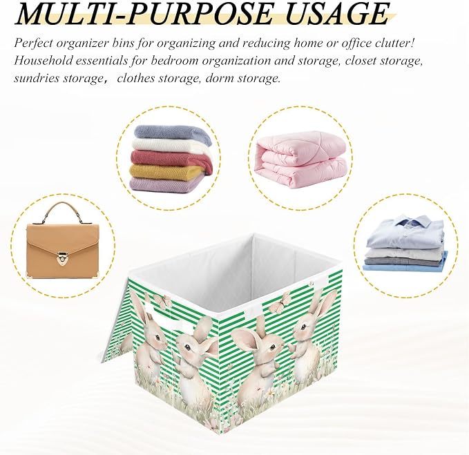 Fabric Storage Bins with Lid Rabbit Floral Foldable Storage Boxes 40L | Decorative Storage Boxes, Foldable & Stackable, Dust-Proof Flip Top, Reinforced Handles, For Home & Dorm, Clothes & Toy Box