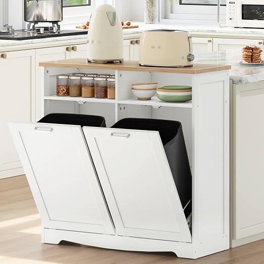 HOOBRO Double Tilt Out Trash Can Cabinet, 20 Gallon Kitchen Trash Bin Cabinet, Hidden Trash Storage with Open Compartments, Hidden Laundry Hamper, for Kitchen, Laundry, White and Natural WN04LJ01
