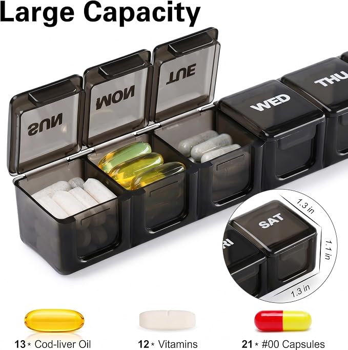 BUG HULL Weekly Pill Organizer Large 2 Packs, Extra Large Travel Pill Organizers, Pill Box 7 Day, Travel Pill Case, Medicine Pill Organizer for Vitamins, Supplements and Medications (Black+White)