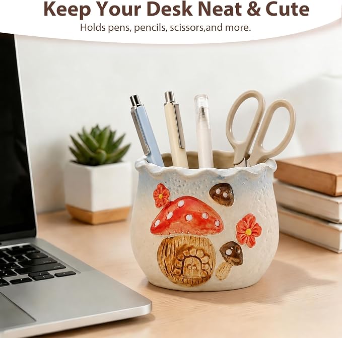 Ceramic Mushroom Shaped Pen Pencil Holder for Desk Decoration Accessories Mushroomb Decor Makeup Brush Pen Cups Office School Ideal Gifts for Women, Mom or Birthdays (light blue)
