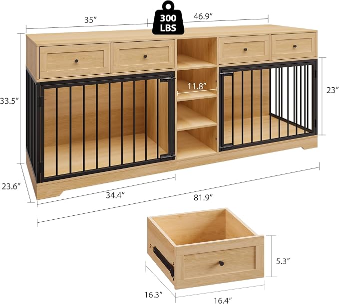 Dog Crate Furniture for 2 Dogs, Double Dog Crate TV Stand, Natural | 82" Large Dog Kennel Indoor with 4 Storage Drawers and 4 Shelves, Suitable for Small, Medium and Large Dogs