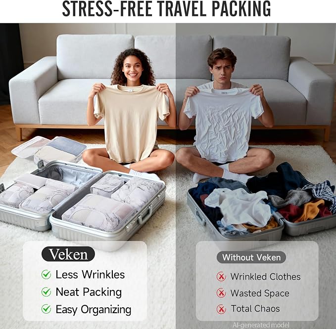 Veken 8 Set Packing Cubes for Travel Essentials, Suitcase Organizer Bags in 4 Sizes, Carry-On Luggage Accessories with Laundry Bag, Airplane Must Have with 99-Count Mesh Holes