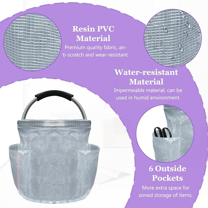 17L Portable Shower Caddy with Handle, Foldable Cleaning Supply Caddy in PVC Resin, Picnic Basket with 6 Side Pockets, Multifunctional Storage Basket for Bathroom, Picnics, Transparent