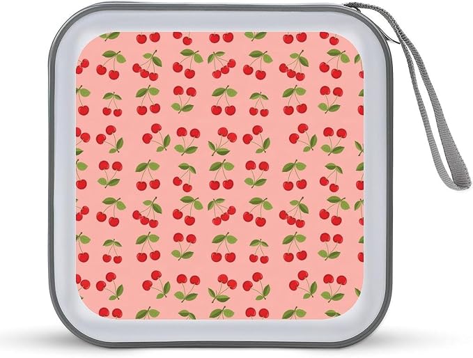 Hard Shell DVD CD Organizer Pink Cherry Fruit Theme Cherries, 40-Disc Storage Binder with Zipper Closure, Portable Protective Case for Travel Home
