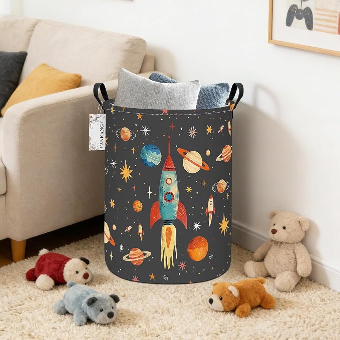Space rocket Storage Bin Foldable Nursery Basket | Foldable with Waterproof PE Coating Organizer Bin for Kids Boys and Girls,Office,Bedroom,Clothes