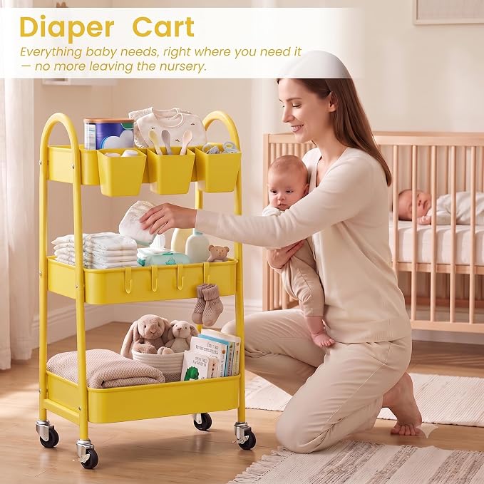 danpinera 3-Tier Rolling Cart, Utility Cart Mobile Metal Rolling Storage Cart with Lockable Wheels & Hanging Cups & Hooks for Kitchen, Bathroom, Office, Workshop, Yellow