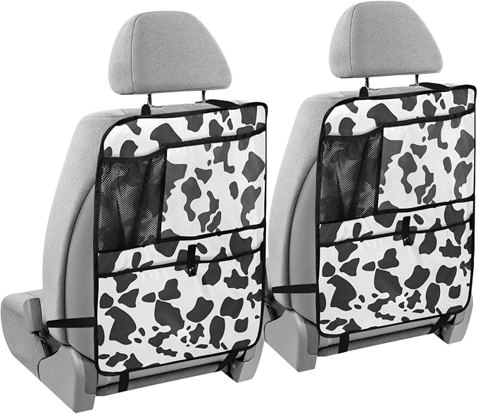 JIPONI Car Backseat Organizer, Cow Print 3 Automotive Back Seat Protector, Kick Mats with Storage Pockets for Kids Pets, Road Trip Accessories