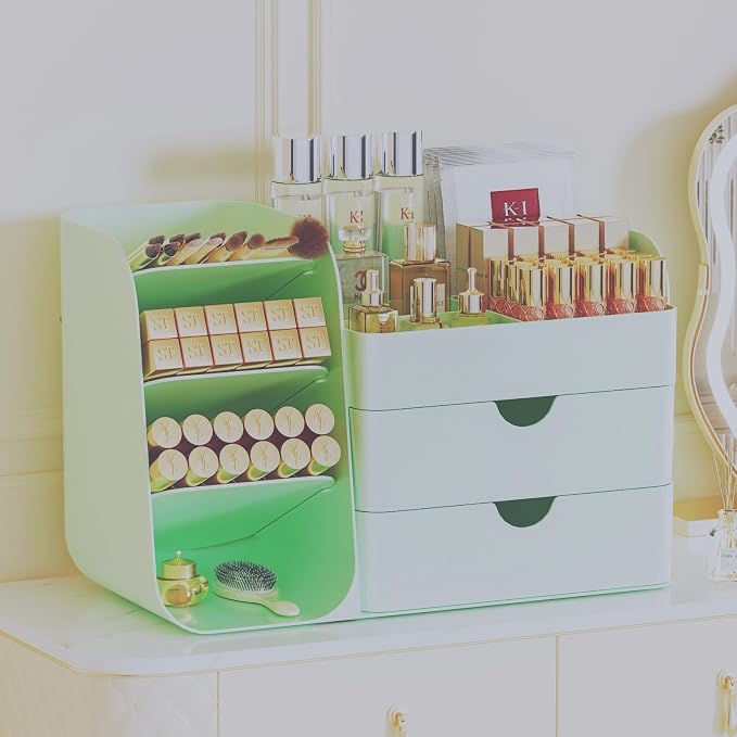 Makeup Organizer for Vanity Skincare Organizers Countertop, All Green | Cosmetic Organizer with Brush Holder and 2 Drawers, Beauty Makeup Storage for Lipsticks, Nail Polishes, Eyeshadow Palettes