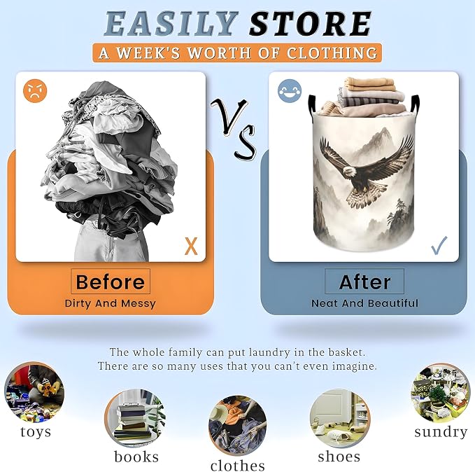Flying Eagle Laundry Basket, Wildlife Bird Black White Mountain Storage Hamper, Round Collapsible Waterproof Cloth Bin, 19.7x15.7 Inch Rustic Clothes Organizer Gifts for Bathroom Decor