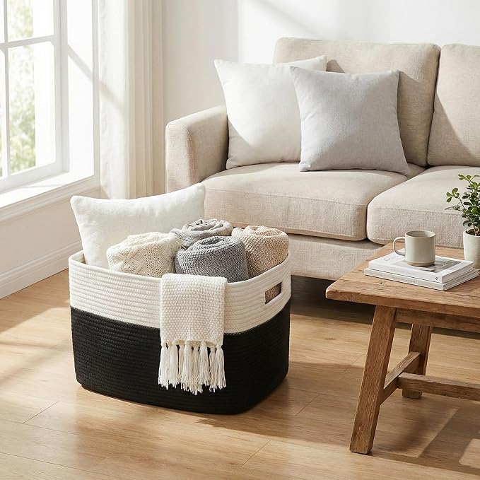 JMvicyroam 96L Large Woven Cotton Rope Blanket Basket, White&Black | Blanket storage for living room or bedroom use, Freestanding with reinforced handles, Entire basket is machine washable