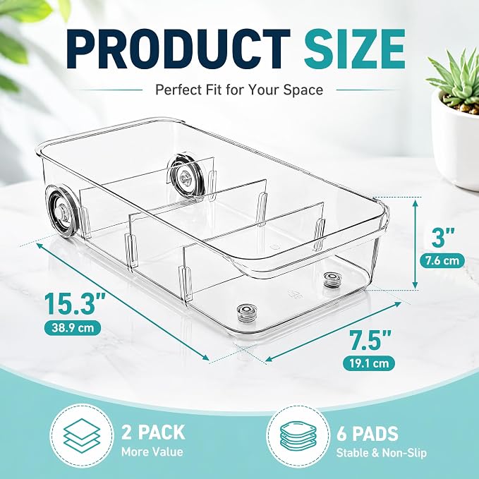 2 Pack Refrigerator Organizer Bin with Wheels, Roll Out Pantry Storage with Dividers, Clear Plastic Refrigerator Drawer, Upgrade Thick Fridge Caddy for Under Sink, Kitchen Organization