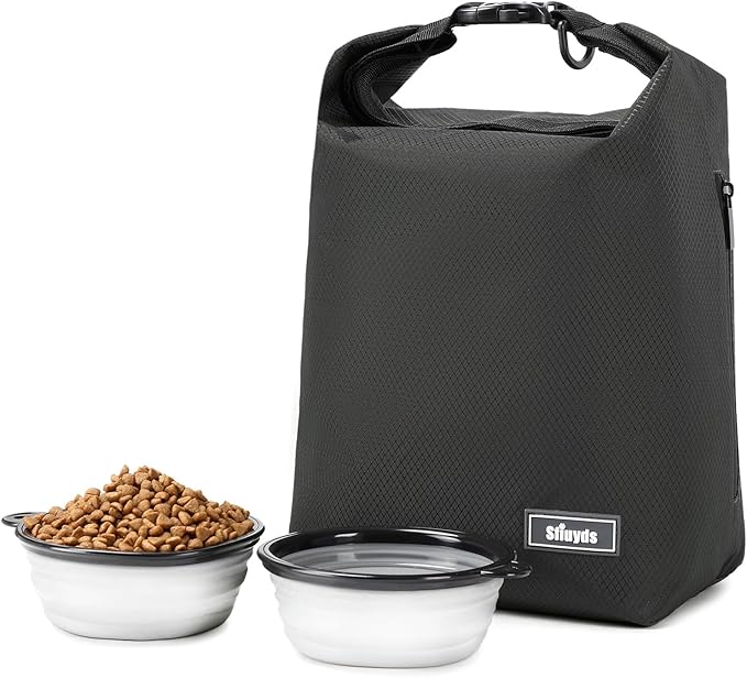 Pet Food Storage Bag Dog Food Travel Bag with 2PCS Collapsible Dog Travel Bowls Waterproof Kibble Storage Container for Road Trips Camping (Black, Small)