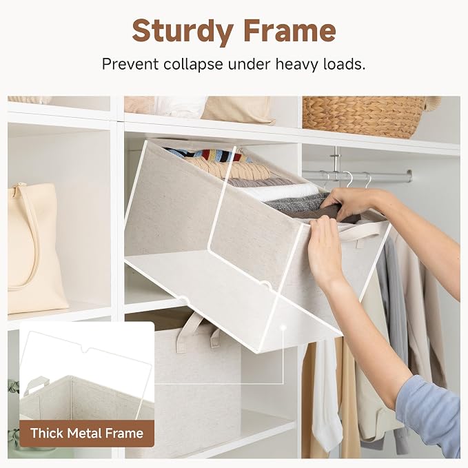 StorageWorks Linen Closet Storage Bins, 45L Storage Baskets, Beige, 2-Pack | Extra Large, With Reinforced PU Handles, Metal Frame, Collapsible Basket for Shelves, Closet, Holds Clothes, Towels, Blankets