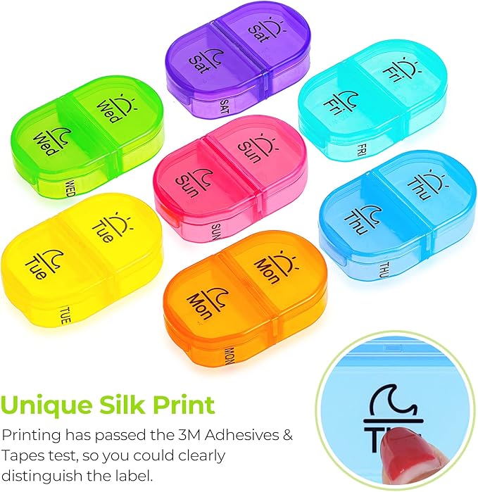 AUVON Pill Box 2 Times a Day, 7-Color for Easy Tracking, Dual Protection | Weekly Pill Organizer AM PM with 7 Daily Pocket Case to Hold Vitamin, Medicine, Medication, and Supplement, BPA-free