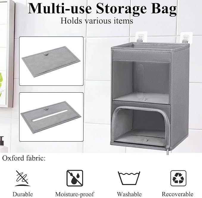 2-in-1 Plastic Bag Holder with Clear Window, Large Grocery Bag Holder and Garbage Bag Dispenser with Easy-Access Openings, Trash Bag Organizer for Kitchen RV Cabinet Wall Mounted(Gray)