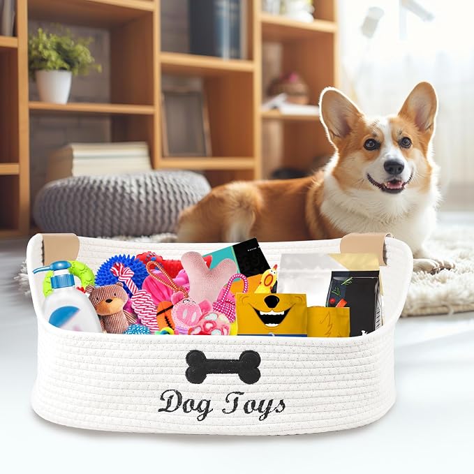 Woven Dog Toy Baskets,Rope Basket for Dog Toys,Collapsible Dog Toy Bin with Leather Handles,Trapezoidal Puppy Toy Storage Basket,Chewproof Dog Organizer for Toys,Collar,Leash,Blankets-Beige
