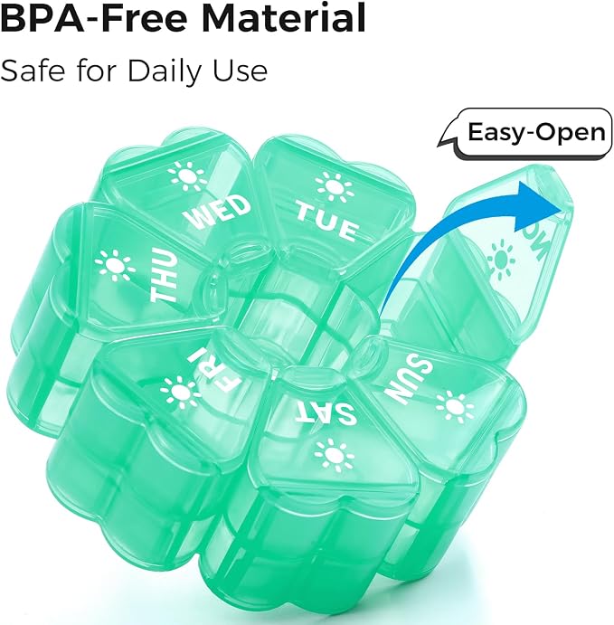 LANDNEOO Weekly Pill Organizer 2 Times a Day, Cute Double-Sided AM PM Pill Case 7 Day, Blue Travel Pill Box for Medication, Vitamins, Fish Oils, Supplements - Turquoise