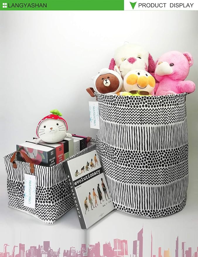 Rectangular Collapsible Storage Basket Nursery Organizer Black Line | Storage Bin Foldable Canvas with Handles for Organizing Home Kitchen Children Toys Office Closet Shelf Baskets