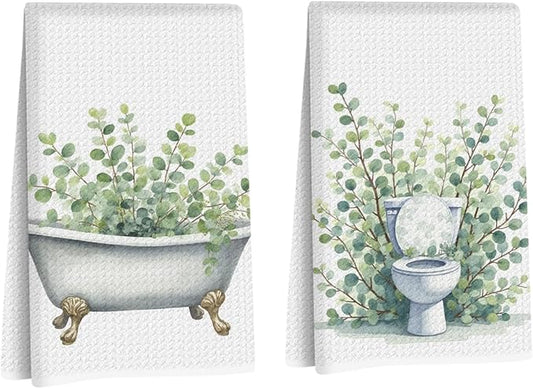 2 Pcs Watercolor Eucalyptus Kitchen Towels, Funny Bathtub & Toilet Bowl Decorative Absorbent Microfiber Dish Cloth Tea Towel, Waffle Soft Hand Towels for Farmhouse Home Bathroom Decor, home gift