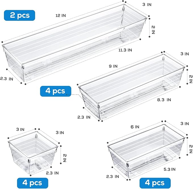 DCA 14 PCS Clear Plastic Drawer Organizer Tray, 4 Sizes Vanity Trays | Makeup, Kitchen & Gadgets | Jewelry Storage | Customizable dividers | Easy to Clean