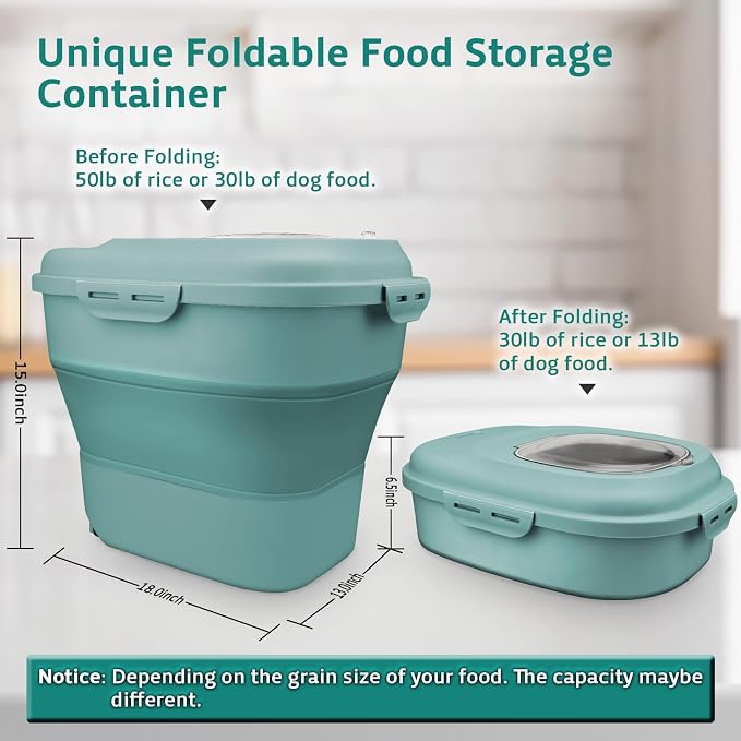 Komzon Rice Storage Bin Cereal Containers, 13-50lb Collapsible Rice Container Dispenser with Transparent Lid, Rolling Wheels, Measuring Cup and Scoop, Airtight Dog Cat Pet Food Storage Container Green