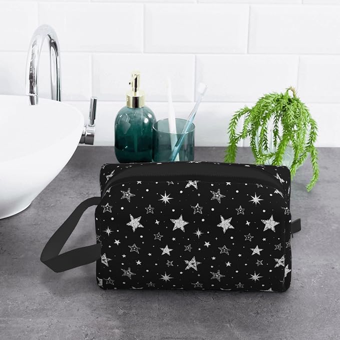 Cute Doodle Stars Makeup Bag for Women,Black Star Cosmetic Bag Travel Toiletry Pouch Aesthetic Zipper Organizer for Gym & Daily Use 10x6.2x4.9 Inch