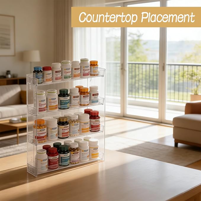 4-Tier Vitamin Storage Organizer, Medicine Organizer for Vitamin Bottles Pill Bottles Holder Rack for Countertop, Bathroom Cabinet Storage Items Are Clearly Visible