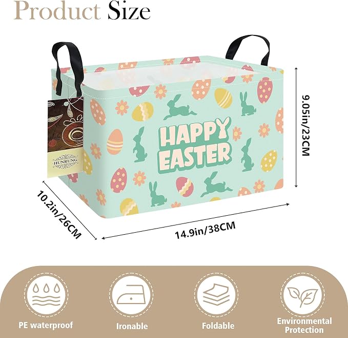 Rectangle Canvas Foldable Storage Basket for Nursery, Green Easter Egg | Portable and collapsible cloth receptacle. Stores pet essentials, daily use items. Folds flat when not in use