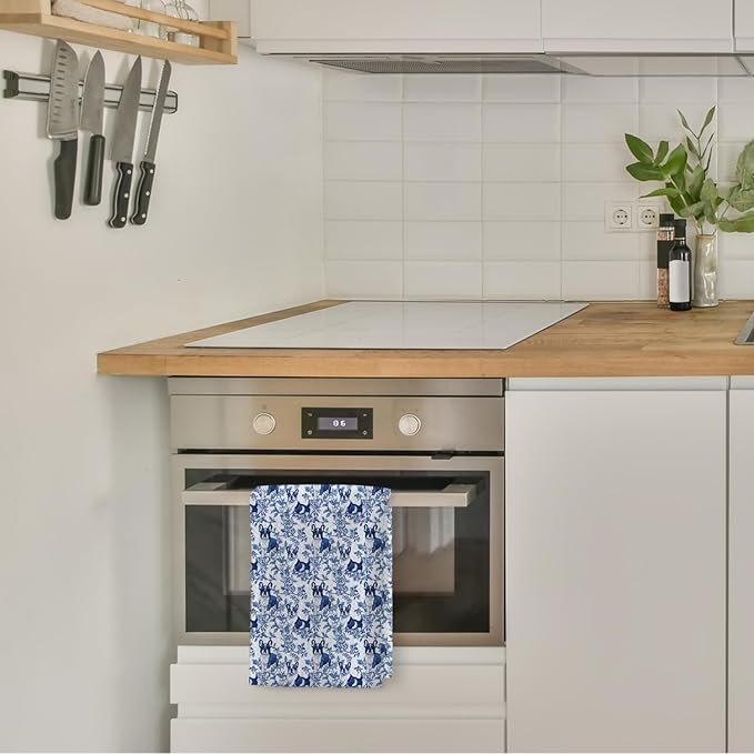Chicimln Chinoiserie Boston Terrier Kitchen Towels, Boston Terrier Gifts Decorative Hand Towels for Bathroom, Blue and White Dog Dish Tea Towel Drying Cloth for Kitchen Decor, 16x24 Inch