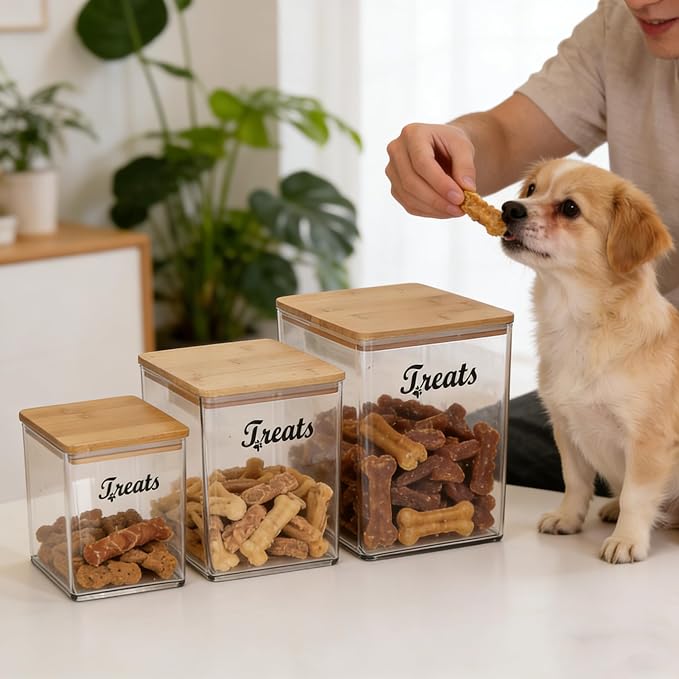 3-Piece Dog Treat Container Airtight, Square Dog Food Container With Bamboo Lid,Clear Pet Treat Bins for Kitchen Counter and Pantry,Ideal for Pet Owner