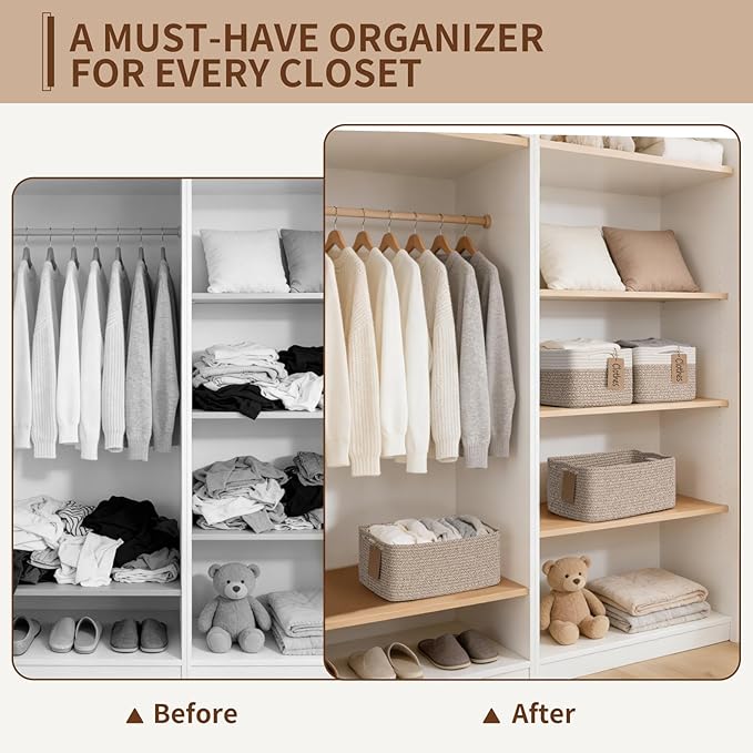 Goodpick 4 Pack Storage Baskets for Organizing Shelves, Brown | 13" x 8" x 6" Woven Rope Baskets for Baby Toys & Books, Decorative Gift Basket for Home Organization, Rectangle Design