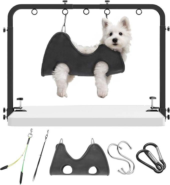 Dog Grooming Arm for Table, 42" H, 27-39" W with Hammock & 2 No-Sit Loops | Adujustable, Heavy Duty, Portable Pet Grooming Station with clamp for Nail Trimming, Cats & Dogs at Home