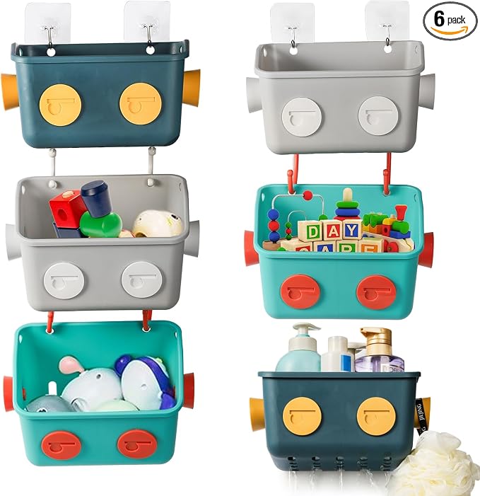 Noamus 6 Pack Bath Toy Storage Organizer Basket, 3 Layers Wall Mounted Hanging Shower Caddy, Plastic Robot Modeling Kitchen Shelf with Hook, No Drilling Colorful Toy Holder for Kid Bathtub Shampoo