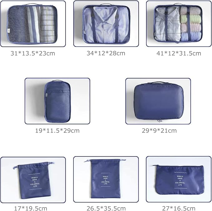 LANSKLBD 6/8 Set Packing Cubes for Suitcases Travel Luggage Packing Organizers,Travel Accessories Essentials Luggage Organizer with Shoe/Tioletry/Laundry Bag (Dark Blue, 8 set)