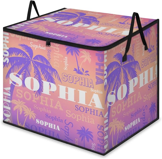 Custom Comforters Storage Basket with Lid, Personalized Name Large Organizer Bin for Pet/Children Toys, Books, Clothes, Perfect for Rooms/Playroom, Purple Palm Trees Gradient Pink Background