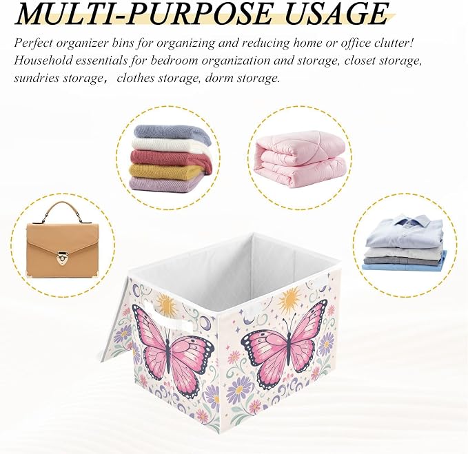 Butterfly Floral Fabric Storage Bins with Lid Foldable Storage Boxes 40L | Decorative Storage Boxes, Foldable & Stackable, Dust-Proof Flip Top, Reinforced Handles, For Home & Dorm, Clothes & Toy Box