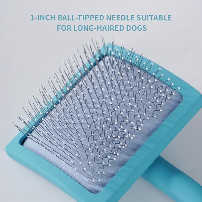 Gently Grooming Slicker Brush with Coated Tips for Long-Haired Dogs-Ergonomic Wooden Handle, Long Pins for Grooming Goldendoodles Poodles Blue
